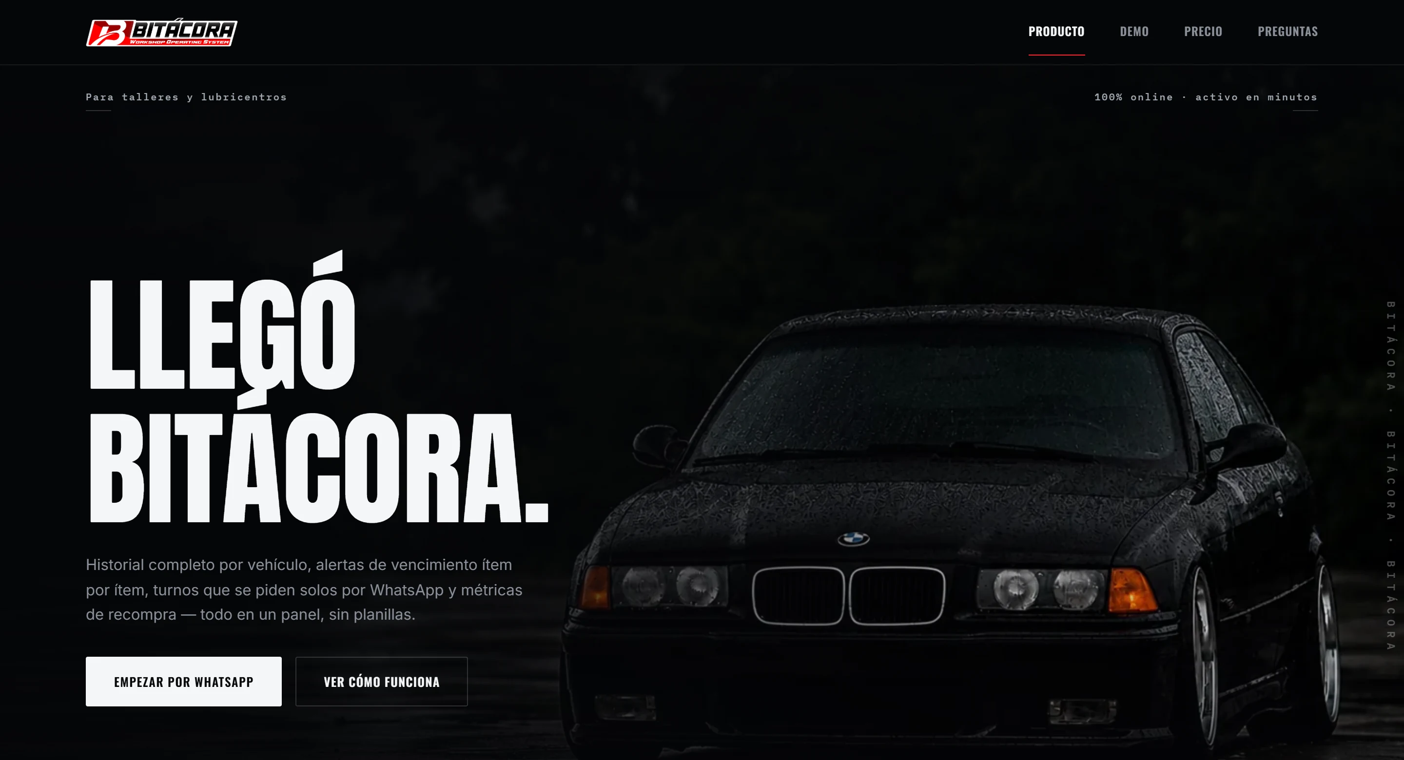 Portada de Bitácora: un auto negro bajo la lluvia y el título Llegó Bitácora.
