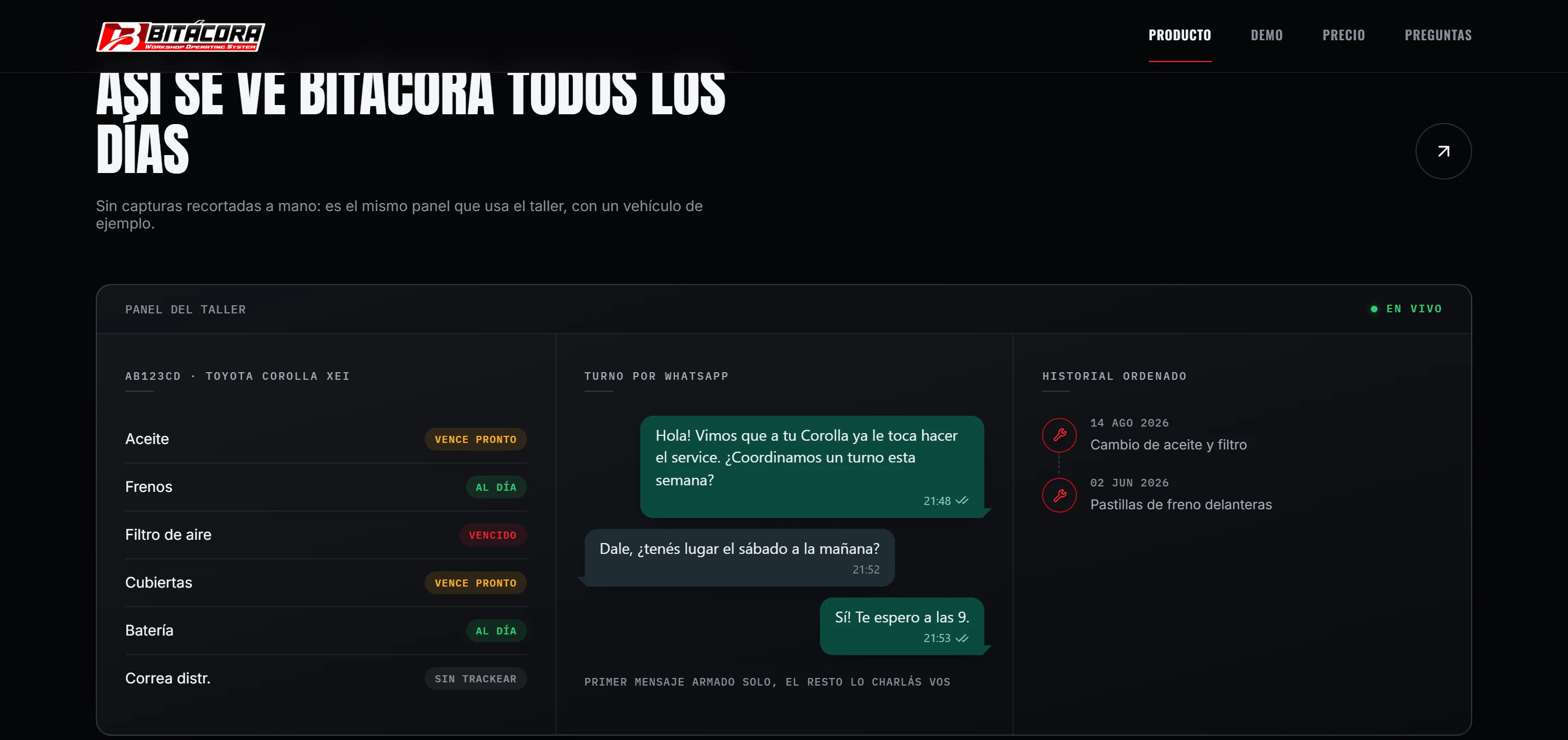 Panel del taller con un vehículo de ejemplo: vencimientos, turno por WhatsApp e historial.