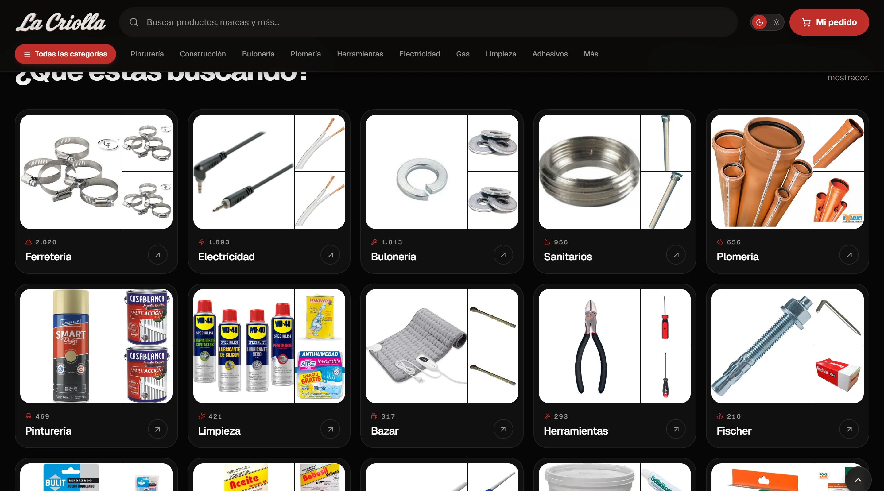 Los rubros del catálogo con fotos de producto: ferretería, electricidad, bulonería, sanitarios, plomería y más.