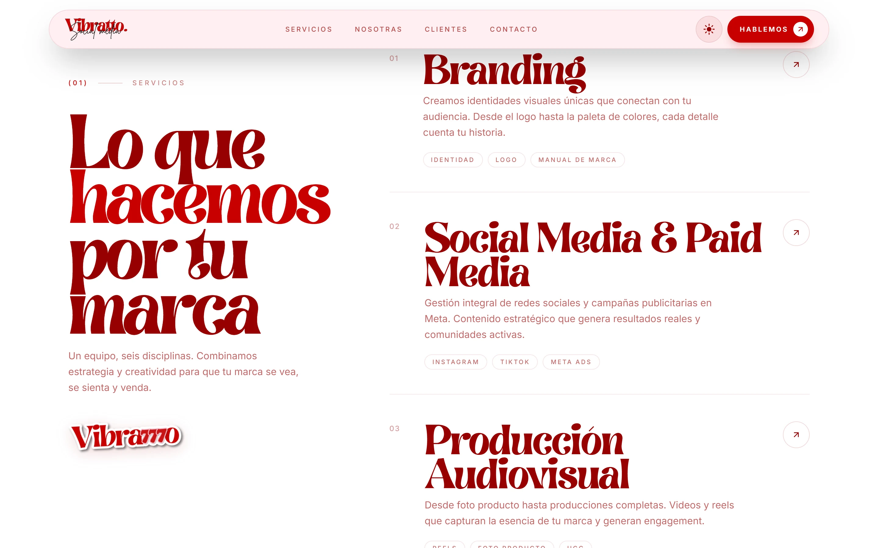 Sección de servicios de Vibratto: Branding, Social Media y Producción Audiovisual.